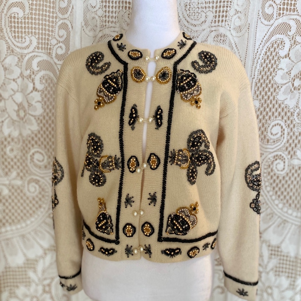 Chanel-coded Vintage Beaded Cardigan, Unique, Wool, Size M